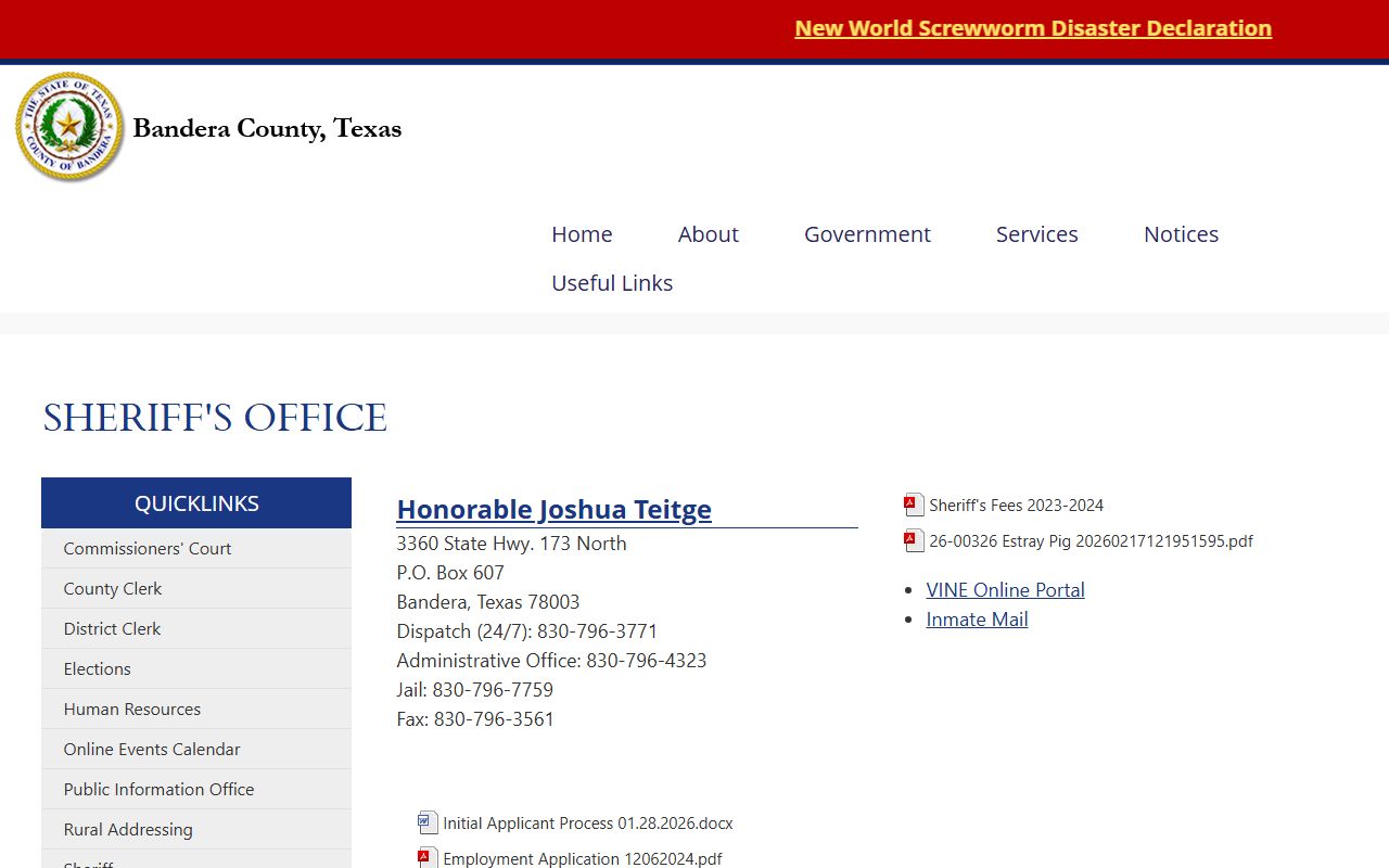 Bandera County inmate search sheriff office jail and VINE page