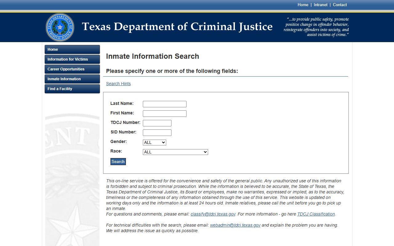 Bandera County inmate records TDCJ inmate search fields
